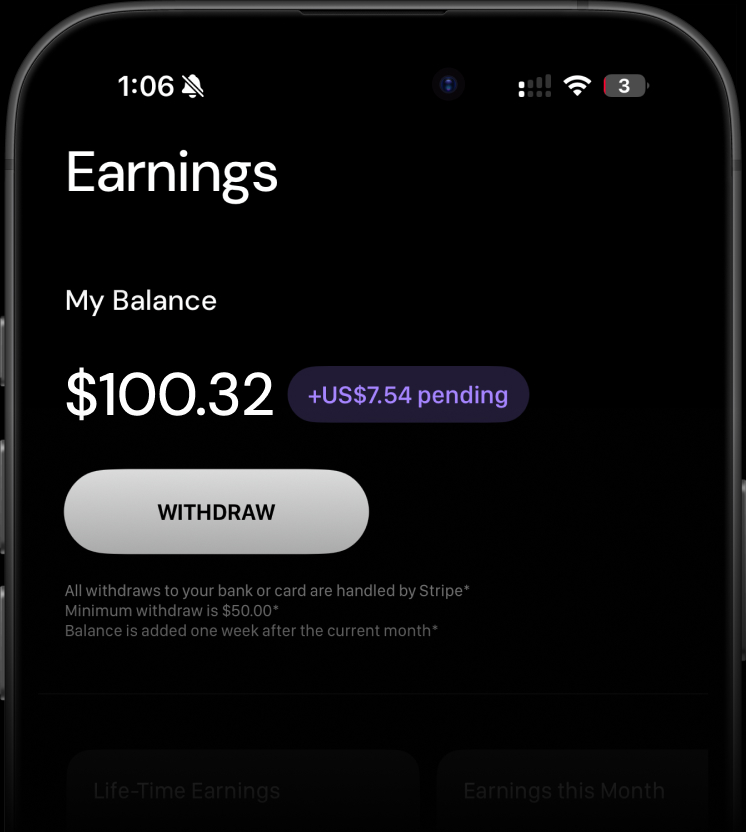The Bluume earnings screen showing a balance ready to withdraw